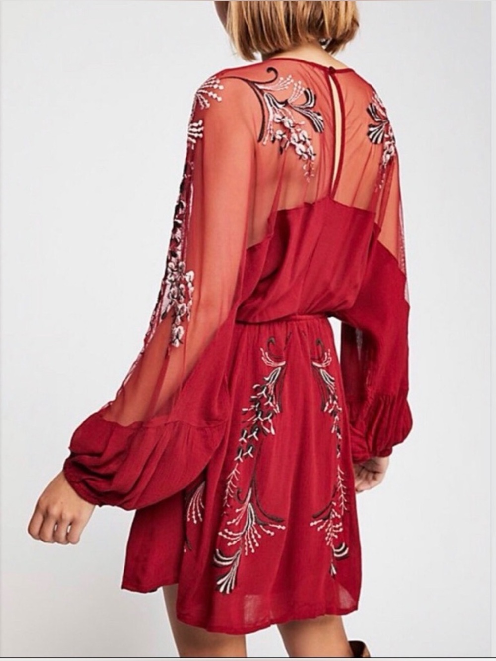 Free People Burgundy Red Embroidered Mesh Sleeve Mini Dress - Picture 2 of 13